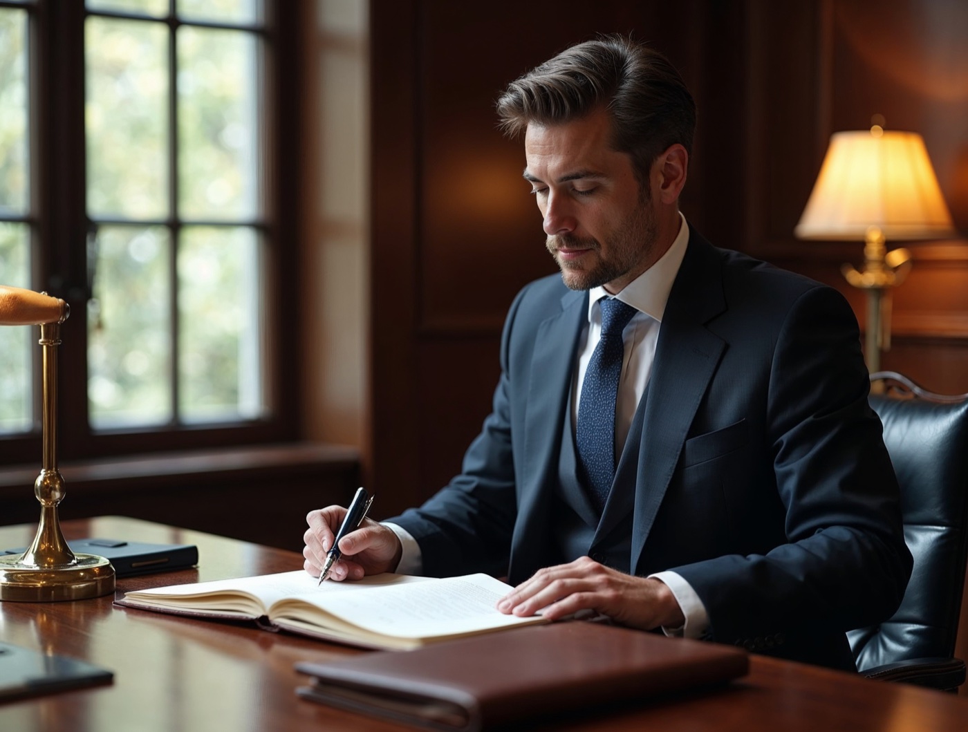 A senior consultant signing a bound institutional report